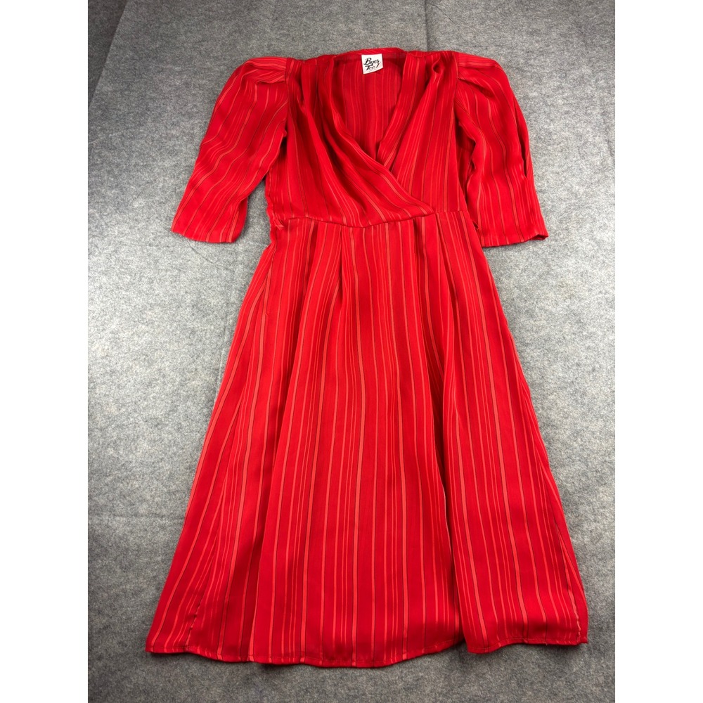 VTG Byer Too! Womens 3 Red Striped Wrap Midi Dress 80s Puff Sheer USA Made Prep